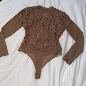 Lace and mesh long sleeve bodysuit